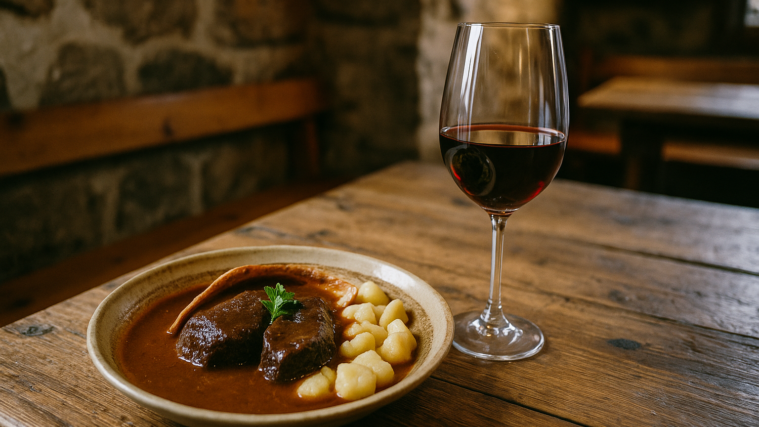 Dalmatinska pašticada i čaša crnog vina na stolu u konobi