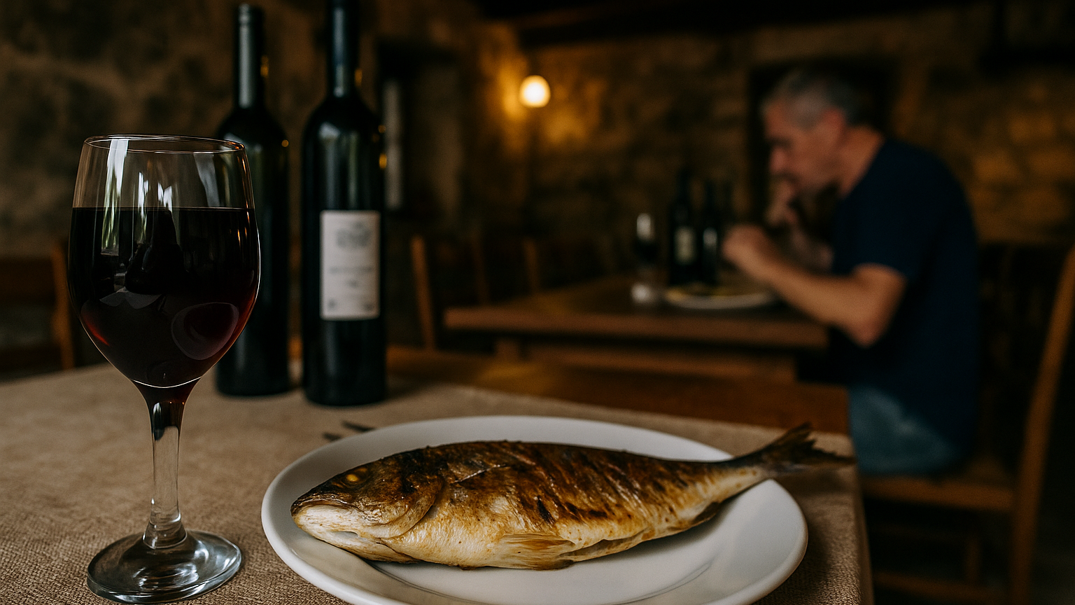 čaša dalmatinskog vina uz ribu na žaru u konobi
