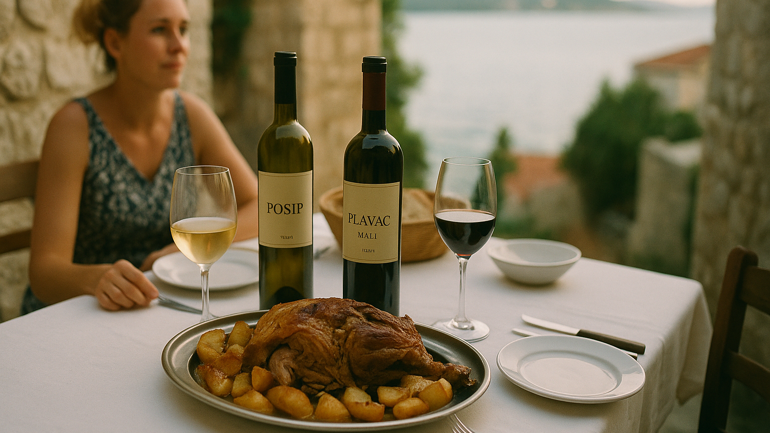 dalmatinska vina na stolu uz hranu – janjetina peka pošip i plavac mali